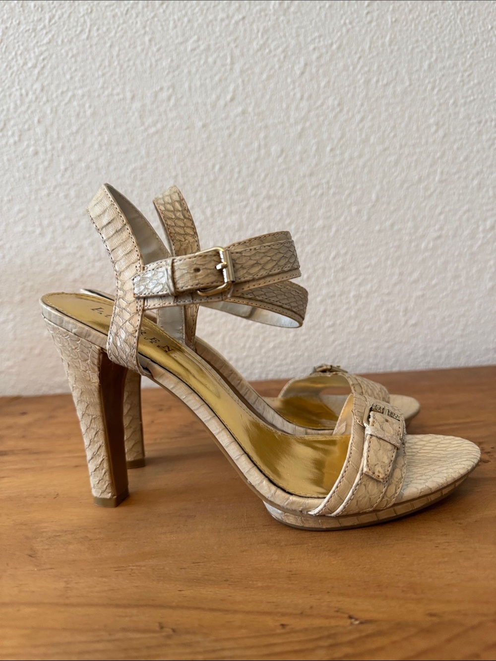 Lauren Ralph Lauren Beige Snakeskin-Texture High Heeled Sandals_never been worn.